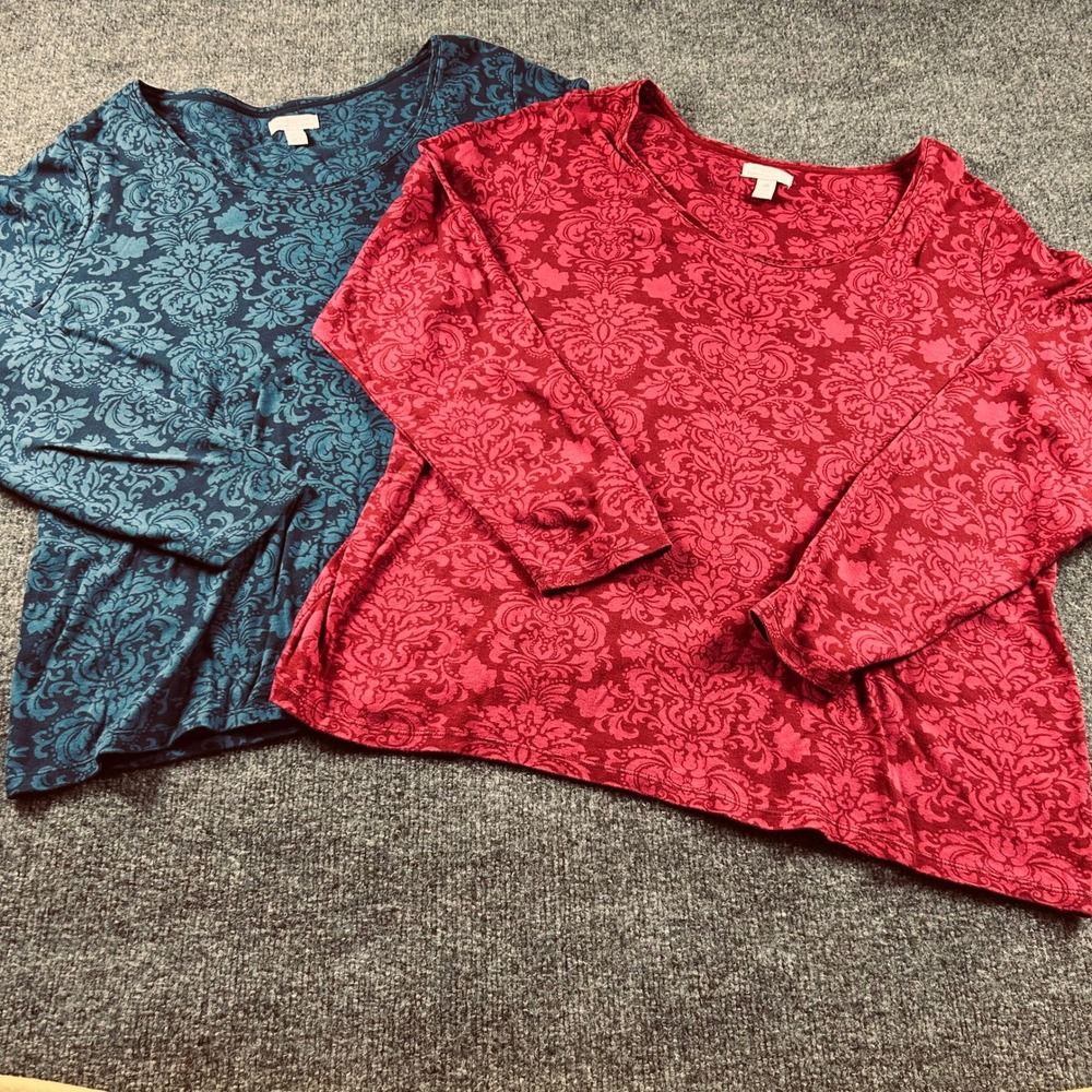 Charter Club Woman 2Pk Pima Cotton Damask Long Sleeve Tops 2X Blue Red